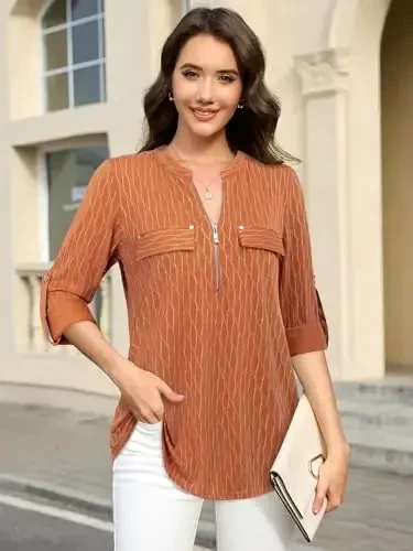 Bulotus Women's Zip Front V-Neck 3/4 Length Sleeve Womens Tops Business Casual Shirts - 2