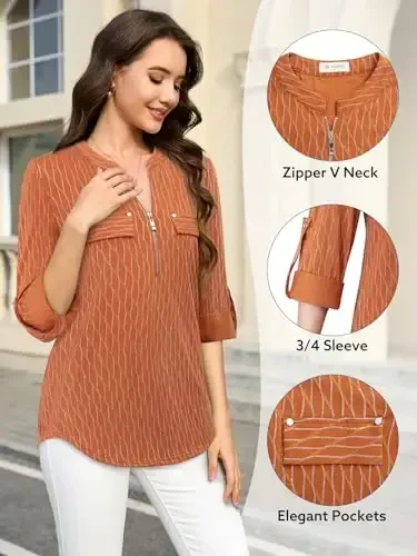 Bulotus Women's Zip Front V-Neck 3/4 Length Sleeve Womens Tops Business Casual Shirts - 5