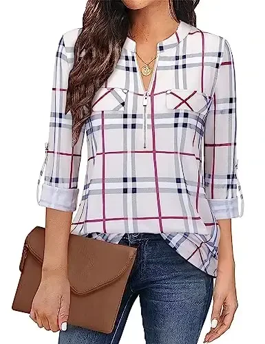 Bulotus Women's Zip Front V-Neck 3/4 Length Sleeve Womens Tops Business Casual Shirts 
