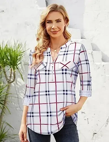 Bulotus Women's Zip Front V-Neck 3/4 Length Sleeve Womens Tops Business Casual Shirts - 2