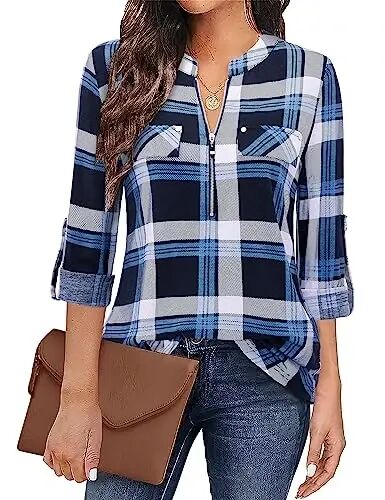 Bulotus Women's Zip Front V-Neck 3/4 Length Sleeve Womens Tops Business Casual Shirts 