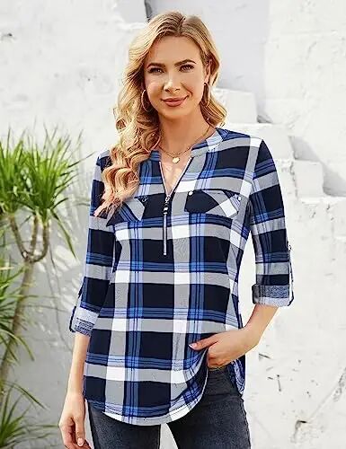 Bulotus Women's Zip Front V-Neck 3/4 Length Sleeve Womens Tops Business Casual Shirts - 2