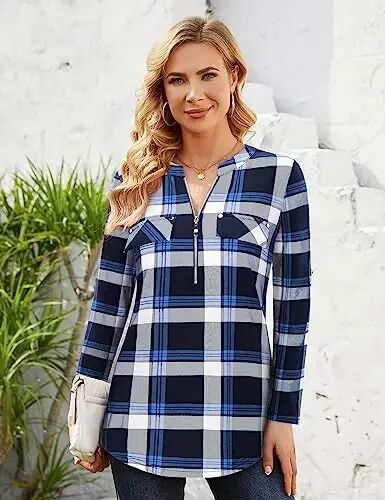 Bulotus Women's Zip Front V-Neck 3/4 Length Sleeve Womens Tops Business Casual Shirts - 4