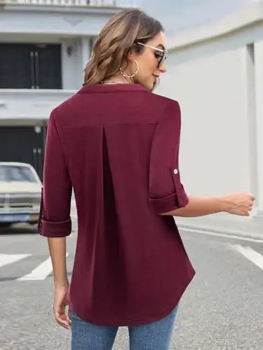Bulotus Women's Zip Front V-Neck 3/4 Length Sleeve Womens Tops Business Casual Shirts - 10