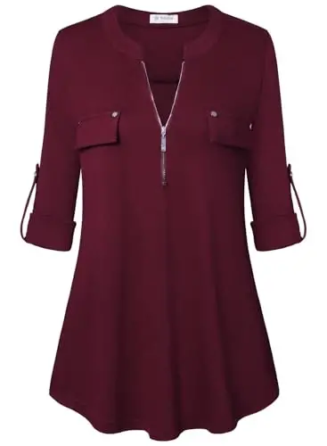 Bulotus Women's Zip Front V-Neck 3/4 Length Sleeve Womens Tops Business Casual Shirts - BULOTUS