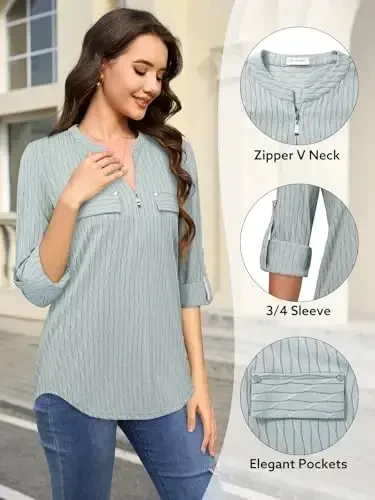 Bulotus Women's Zip Front V-Neck 3/4 Length Sleeve Womens Tops Business Casual Shirts - 5