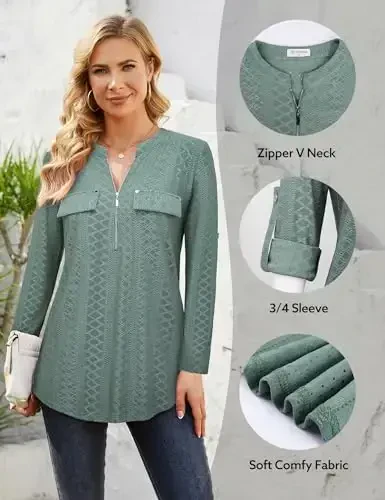 Bulotus Women's Zip Front V-Neck 3/4 Length Sleeve Womens Tops Business Casual Shirts - 5