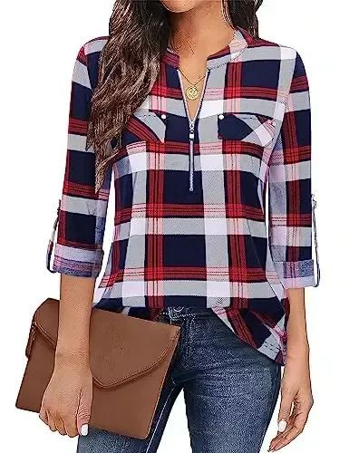Bulotus Women's Zip Front V-Neck 3/4 Length Sleeve Womens Tops Business Casual Shirts - 1