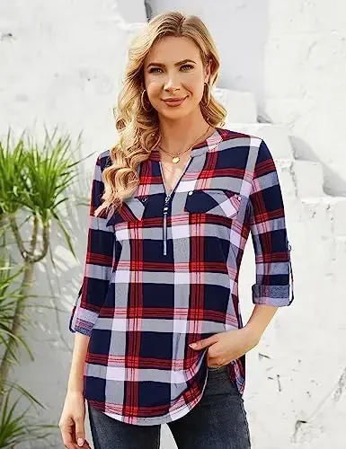 Bulotus Women's Zip Front V-Neck 3/4 Length Sleeve Womens Tops Business Casual Shirts - 2