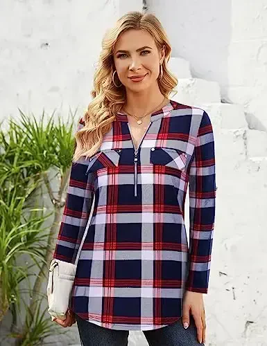 Bulotus Women's Zip Front V-Neck 3/4 Length Sleeve Womens Tops Business Casual Shirts - 4