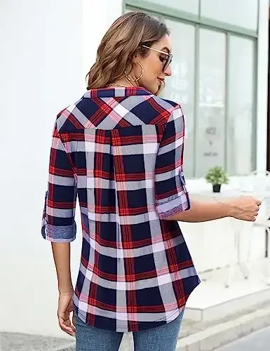 Bulotus Women's Zip Front V-Neck 3/4 Length Sleeve Womens Tops Business Casual Shirts - 5