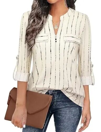 Bulotus Women's Zip Front V-Neck 3/4 Length Sleeve Womens Tops Business Casual Shirts 