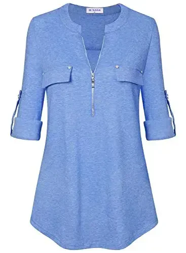 Bulotus Women's Zip Front V-Neck 3/4 Length Sleeve Womens Tops Business Casual Shirts - 1