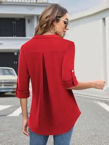 Bulotus Women's Zip Front V-Neck 3/4 Length Sleeve Womens Tops Business Casual Shirts - 5