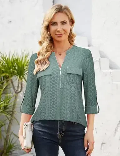 Bulotus Women's Zip Front V-Neck 3/4 Length Sleeve Womens Tops Business Casual Shirts - 3