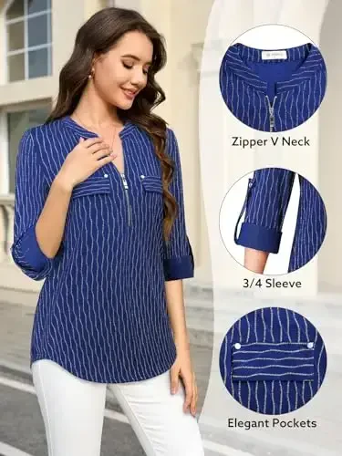 Bulotus Women's Zip Front V-Neck 3/4 Length Sleeve Womens Tops Business Casual Shirts - 5