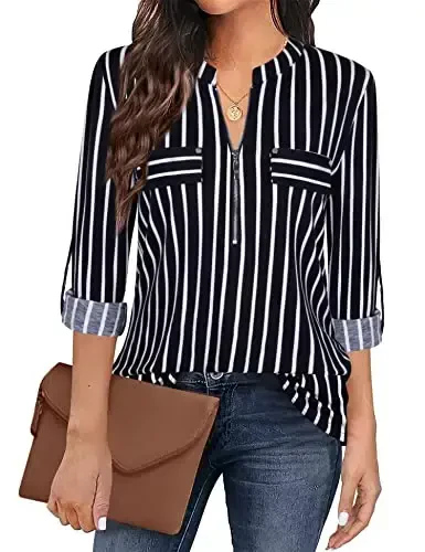 Bulotus Women's Zip Front V-Neck 3/4 Length Sleeve Womens Tops Business Casual Shirts 