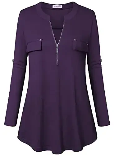 Bulotus Women's Zip Front V-Neck 3/4 Length Sleeve Womens Tops Business Casual Shirts - 2