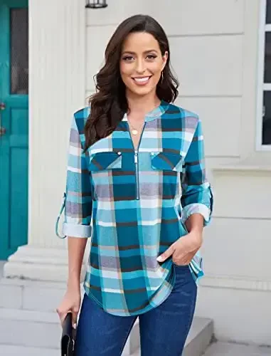 Bulotus Women's Zip Front V-Neck 3/4 Length Sleeve Womens Tops Business Casual Shirts - 2