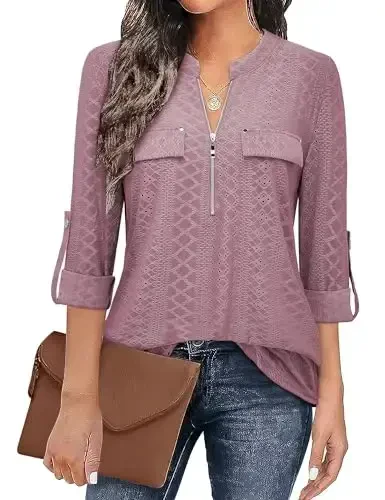 Bulotus Women's Zip Front V-Neck 3/4 Length Sleeve Womens Tops Business Casual Shirts - 1