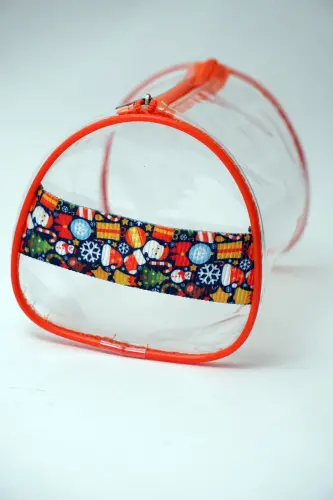 Bumerang Desen El Tutmalı Büyük Boy Turuncu Şeffaf Tatil, Plaj, Kozmetik ,makyaj Ve Bakım Çantası - Bumerang - ROF BAG (1)