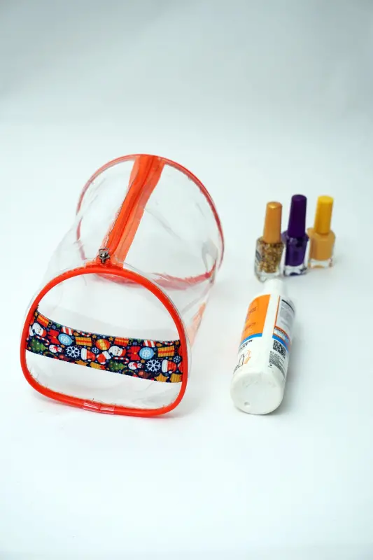 Bumerang Desen El Tutmalı Büyük Boy Turuncu Şeffaf Tatil, Plaj, Kozmetik ,makyaj Ve Bakım Çantası-Bumerang - ROF BAG