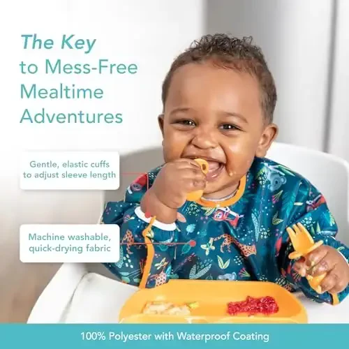 Bumkins Baby and Toddler Bibs, Long Sleeve, Waterproof, Mess Saving, Soft Fabric, Ocean Life and Jungle Prints, Ages 6-24 Months - 7