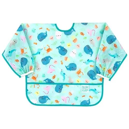 Bumkins Baby and Toddler Bibs, Long Sleeve, Waterproof, Mess Saving, Soft Fabric, Ocean Life and Jungle Prints, Ages 6-24 Months - BUMKINS (1)