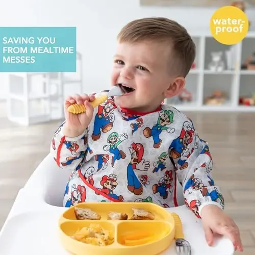 Bumkins Bibs, Baby and Toddler Girls and Boys 6-24 Months, Long Sleeve, Essential Must Have for Eating, Feeding, Mess Saving Lightweight Waterproof Fabric Sleeved Smock, Nintendo Mario and Luigi - 3