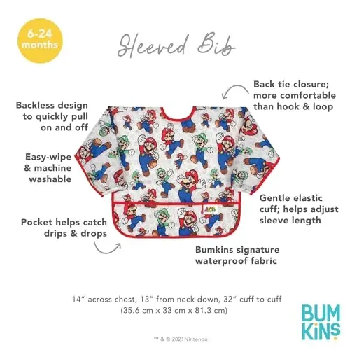 Bumkins Bibs, Baby and Toddler Girls and Boys 6-24 Months, Long Sleeve, Essential Must Have for Eating, Feeding, Mess Saving Lightweight Waterproof Fabric Sleeved Smock, Nintendo Mario and Luigi - 6