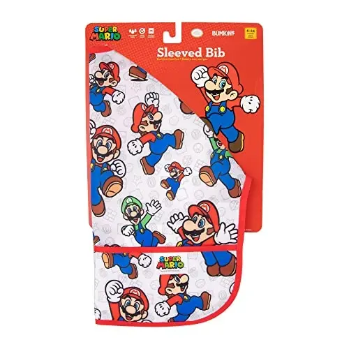 Bumkins Bibs, Baby and Toddler Girls and Boys 6-24 Months, Long Sleeve, Essential Must Have for Eating, Feeding, Mess Saving Lightweight Waterproof Fabric Sleeved Smock, Nintendo Mario and Luigi - 7