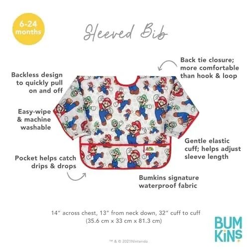 Bumkins Bibs, Baby and Toddler Girls and Boys 6-24 Months, Long Sleeve, Essential Must Have for Eating, Feeding, Mess Saving Lightweight Waterproof Fabric Sleeved Smock, Nintendo Mario and Luigi - 4