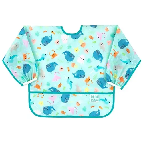 Bumkins Bibs, Baby and Toddler Girls and Boys 6-24 Months, Long Sleeve, Essential Must Have for Eating, Feeding, Mess Saving Lightweight Waterproof Fabric Sleeved Smock, Ocean Life 