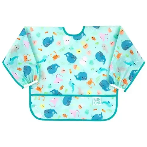 Bumkins Bibs, Baby and Toddler Girls and Boys 6-24 Months, Long Sleeve, Essential Must Have for Eating, Feeding, Mess Saving Lightweight Waterproof Fabric Sleeved Smock, Ocean Life - 1