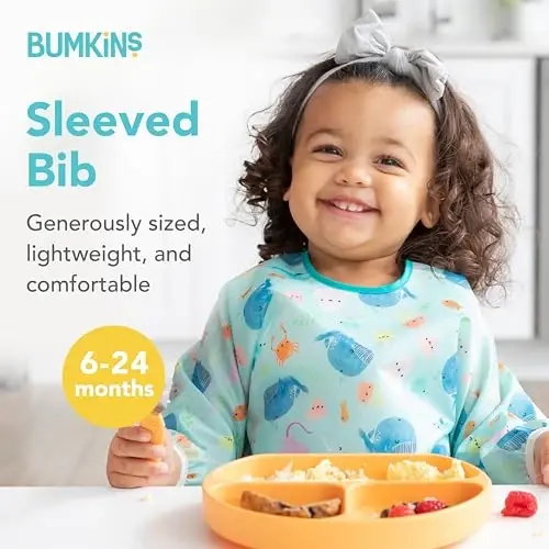 Bumkins Bibs, Baby and Toddler Qizlar va O'g'il bolalar 6-24 Oy, Uzun Yengli, Ovqatlanish uchun zarur, Oziqlantirish, Yengil suv o'tkazmaydigan mato yenglari, Okean hayoti 