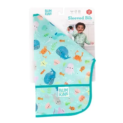 Bumkins Bibs, Baby and Toddler Qizlar va O'g'il bolalar 6-24 Oy, Uzun Yengli, Ovqatlanish uchun zarur, Oziqlantirish, Yengil suv o'tkazmaydigan mato yenglari, Okean hayoti - 5