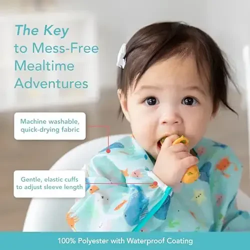 Bumkins Bibs, Baby and Toddler Qizlar va O'g'il bolalar 6-24 Oy, Uzun Yengli, Ovqatlanish uchun zarur, Oziqlantirish, Yengil suv o'tkazmaydigan mato yenglari, Okean hayoti - 3