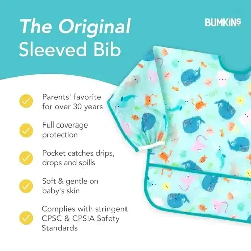 Bumkins Bibs, Baby and Toddler Qizlar va O'g'il bolalar 6-24 Oy, Uzun Yengli, Ovqatlanish uchun zarur, Oziqlantirish, Yengil suv o'tkazmaydigan mato yenglari, Okean hayoti - 5