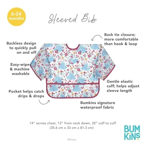 Bumkins Disney Bibs, Baby and Toddler Girls and Boys 6-24 Months, Long Sleeve, Essential Must Have for Eating, Feeding, Mess Saving Lightweight Waterproof Fabric Sleeved Smock, Cinderella - 5