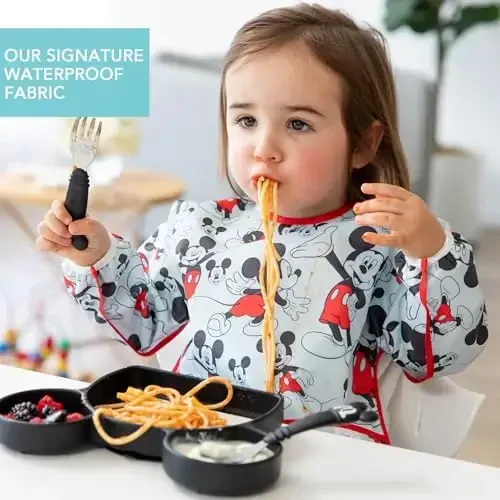 Bumkins Disney Bibs, Baby and Toddler Girls and Boys 6-24 Months, Long Sleeve, Essential Must Have for Eating, Feeding, Mess Saving Lightweight Waterproof Fabric Sleeved Smock, Mickey Mouse Classic - 3