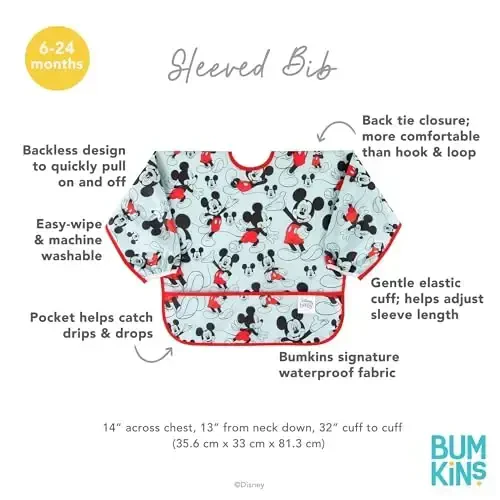 Bumkins Disney Bibs, Baby and Toddler Girls and Boys 6-24 Months, Long Sleeve, Essential Must Have for Eating, Feeding, Mess Saving Lightweight Waterproof Fabric Sleeved Smock, Mickey Mouse Classic - 5