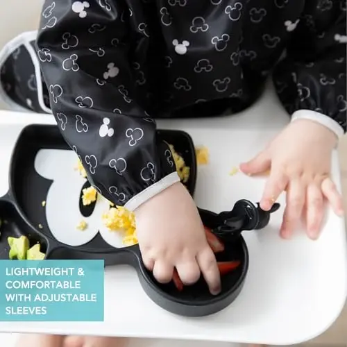 Bumkins Disney Bibs, Baby and Toddler Girls and Boys 6-24 Months, Long Sleeve, Essential Must Have for Eating, Feeding, Mess Saving Lightweight Waterproof Fabric Sleeved Smock, Mickey Mouse Icon - 4