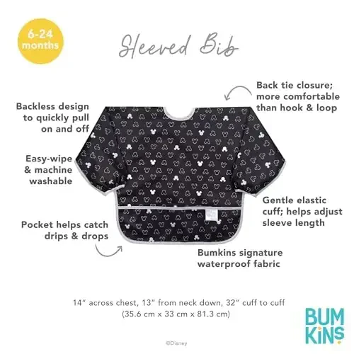 Bumkins Disney Bibs, Baby and Toddler Girls and Boys 6-24 Months, Long Sleeve, Essential Must Have for Eating, Feeding, Mess Saving Lightweight Waterproof Fabric Sleeved Smock, Mickey Mouse Icon - 6
