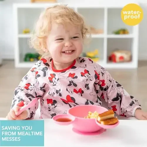 Bumkins Disney Bibs, Baby and Toddler Girls and Boys 6-24 Months, Long Sleeve, Essential Must Have for Eating, Feeding, Mess Saving Lightweight Waterproof Fabric Sleeved Smock, Minnie Mouse Classic - 2