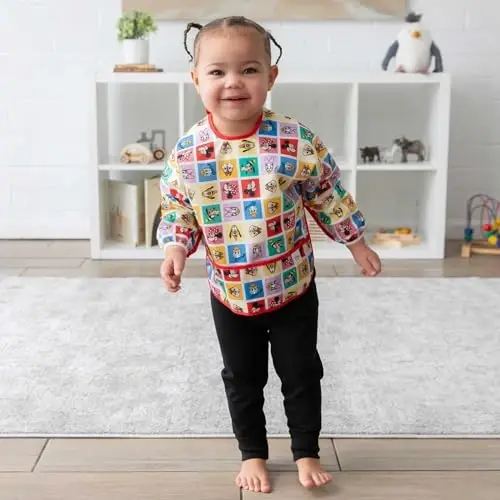 Bumkins Disney Sleeved Bib for Girl or Boy, Baby and Toddler for 6-24 Mos, Essential Must Have for Eating, Feeding, Baby Led Weaning Supplies, Long Sleeve Mess Saving, Mickey and Friends Check Mates - 4