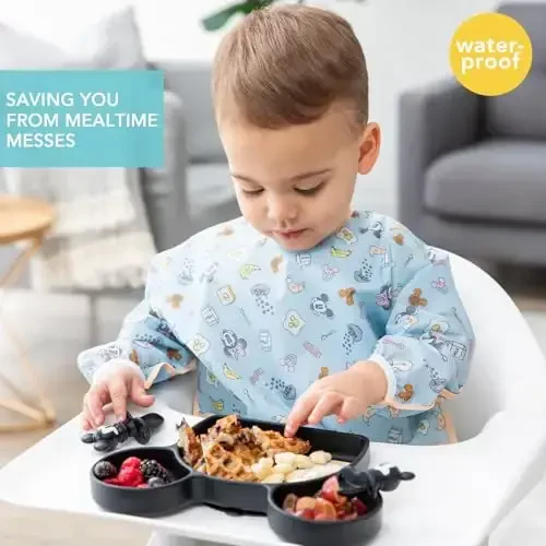 Bumkins Disney Sleeved Bib for Girl or Boy, Baby and Toddler for 6-24 Mos, Essential Must Have for Eating, Feeding, Baby Led Weaning Supplies, Long Sleeve Mess Saving Food Catcher, Mickey and Minnie - 2