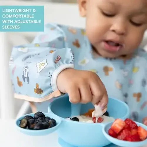 Bumkins Disney Sleeved Bib for Girl or Boy, Baby and Toddler for 6-24 Mos, Essential Must Have for Eating, Feeding, Baby Led Weaning Supplies, Long Sleeve Mess Saving Food Catcher, Mickey and Minnie - 4