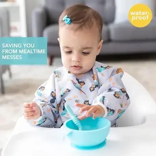Bumkins Disney Sleeved Bib for Girl or Boy, Baby and Toddler for 6-24 Mos, Essential Must Have for Eating, Feeding, Baby Led Weaning Supplies, Long Sleeve Mess Saving Food Catcher, Jasmine - 2