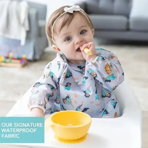 Bumkins Disney Sleeved Bib for Girl or Boy, Baby and Toddler for 6-24 Mos, Essential Must Have for Eating, Feeding, Baby Led Weaning Supplies, Long Sleeve Mess Saving Food Catcher, Jasmine - 3