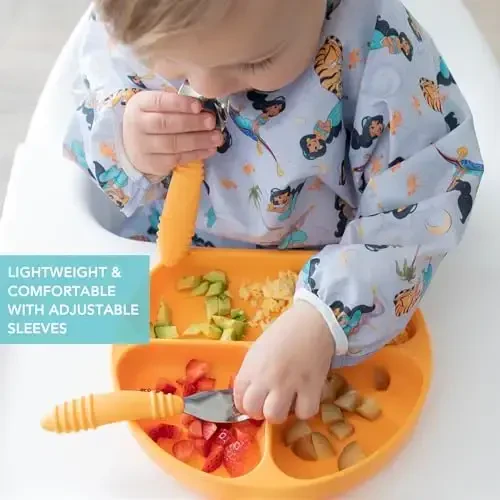 Bumkins Disney Sleeved Bib for Girl or Boy, Baby and Toddler for 6-24 Mos, Essential Must Have for Eating, Feeding, Baby Led Weaning Supplies, Long Sleeve Mess Saving Food Catcher, Jasmine - 4